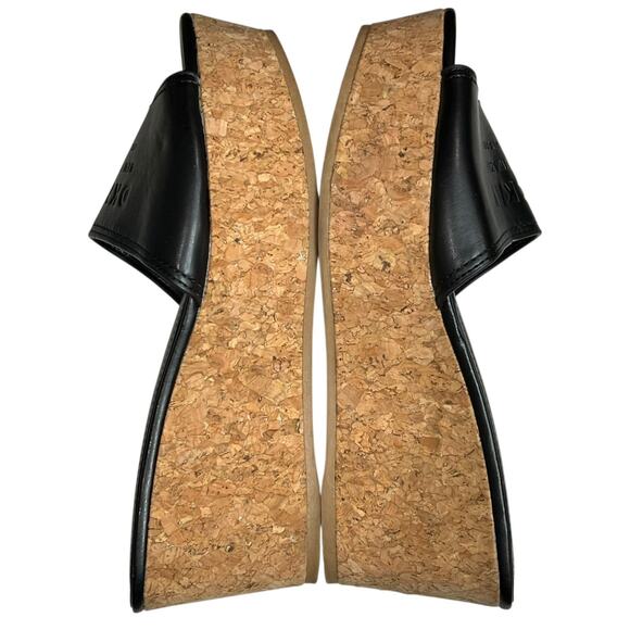 DKNY Platform Wedge Sandal Womens 8.5 Black Logo Cork Like Slip On Retro Chic - Picture 7 of 13